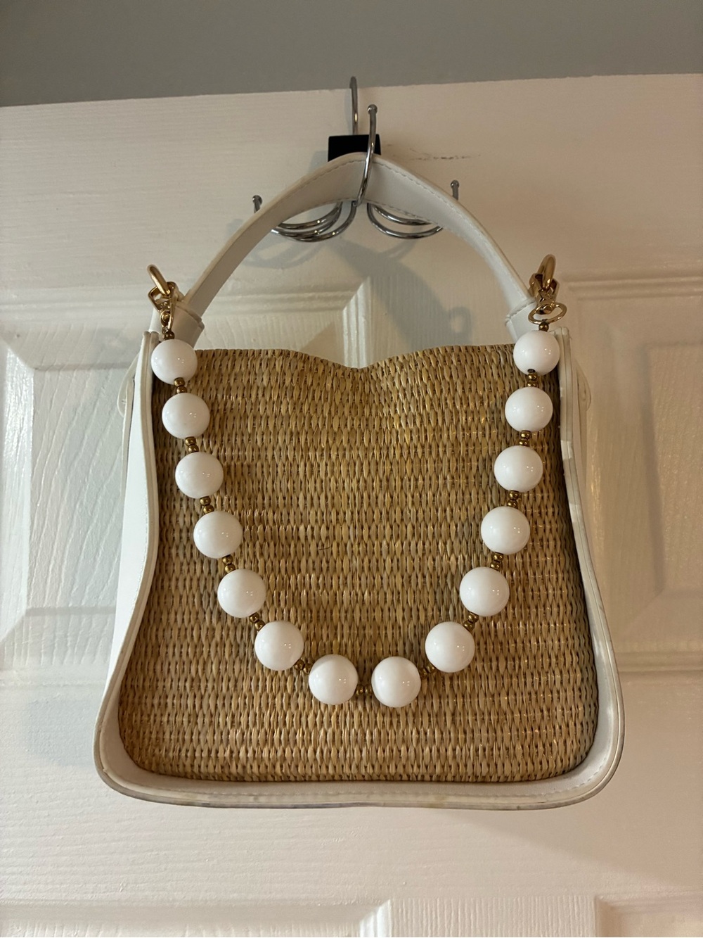 Woven Straw Shoulder Bag with White Trim and Bead Strap